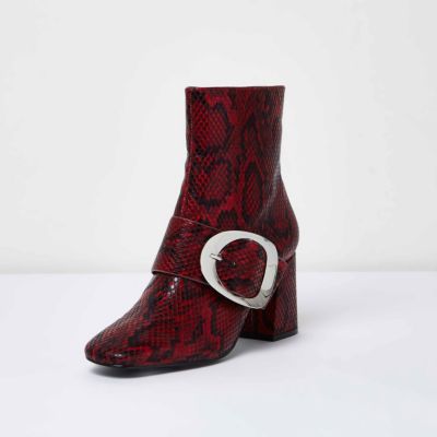 Red snakeskin buckle ankle boots